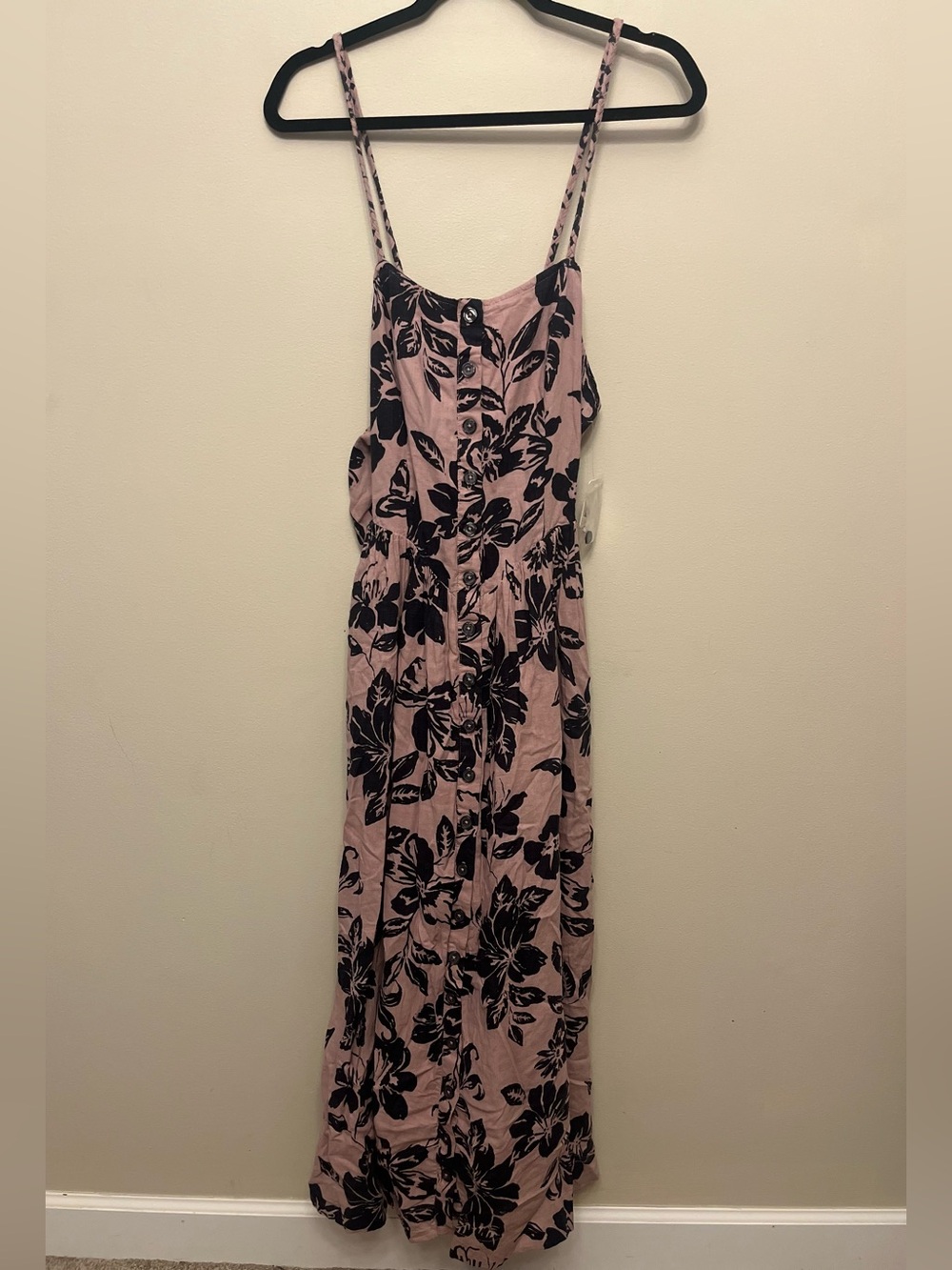 NWT Free People The Perfect Sundress Tan Black Floral Women's Medium Linen Blend
